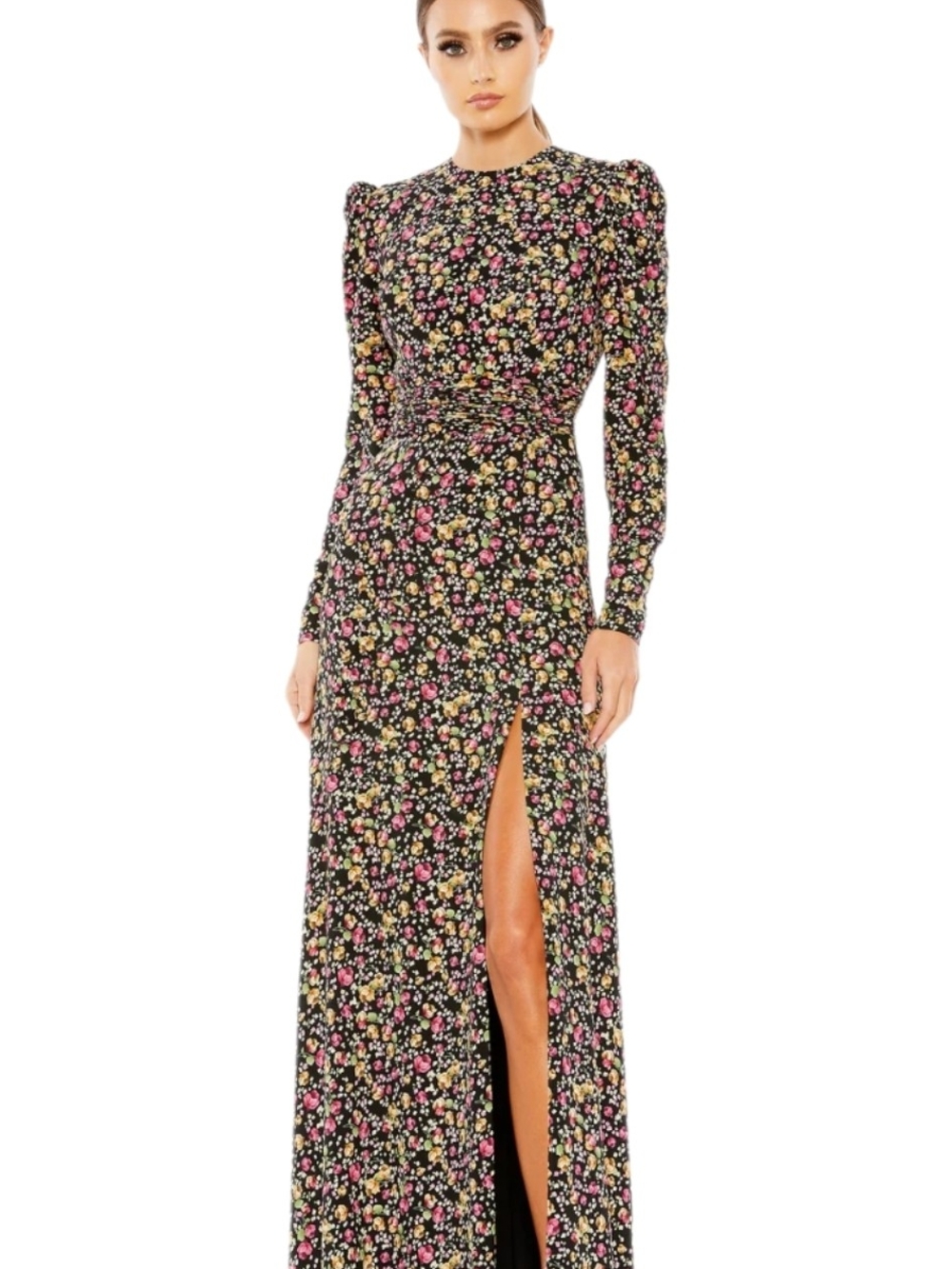 Mac Duggal 26916 Black Floral Long Sleeve Maxi Dress with High Slit NEW -SZ 10